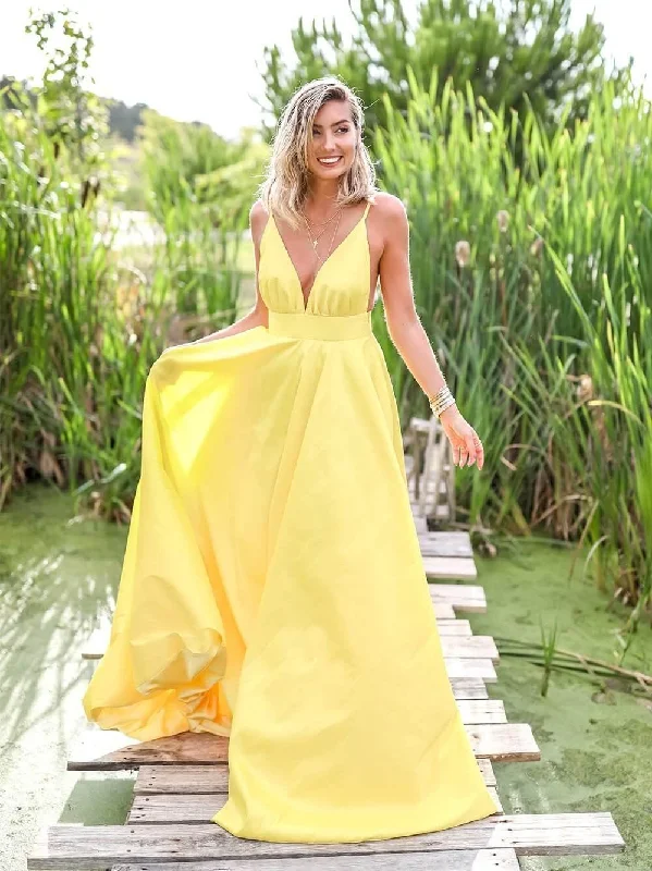 A Line Deep V Neck Backless Sweep Train Yellow Prom Dress PSK144