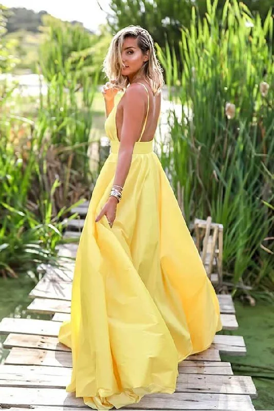 A Line Deep V Neck Backless Sweep Train Yellow Prom Dress PSK144