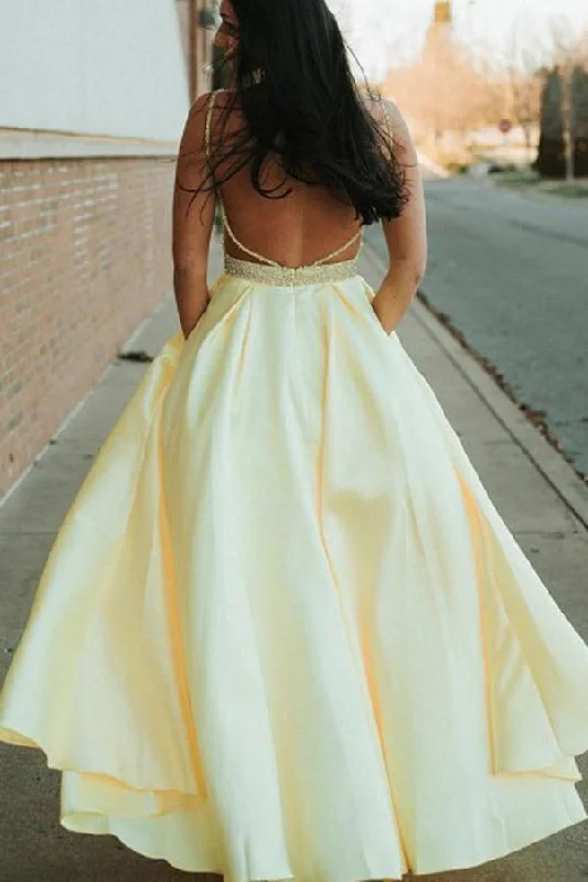 A Line Spaghetti Straps Backless Yellow Prom Dress With Beading PSK145