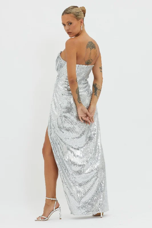 Angel Energy Strapless Sequin Maxi Dress Silver