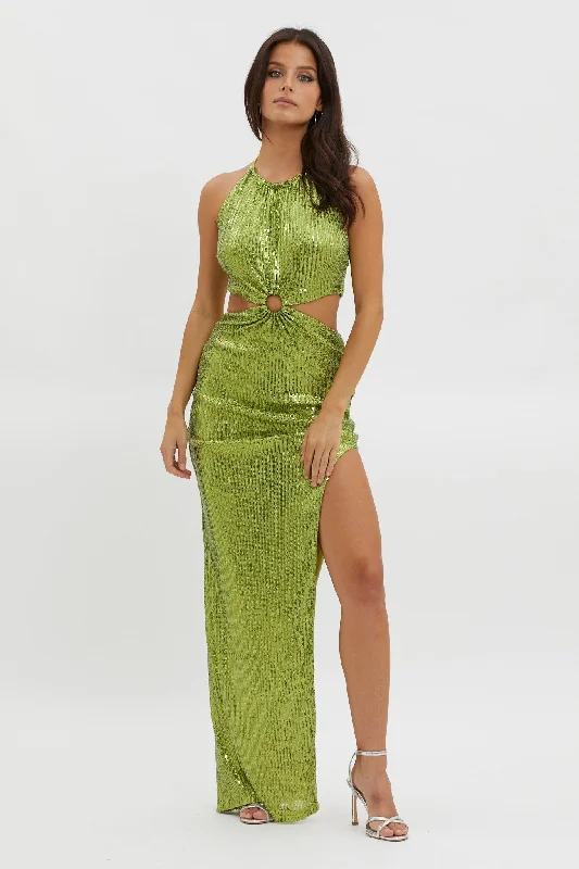 Astral Halterneck Sequin Dress Lime