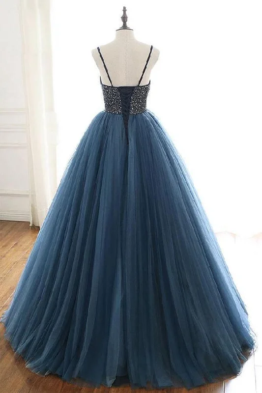 Ball Gown Deep Blue Tulle Prom Dress Evening Dress With Beading PSK143