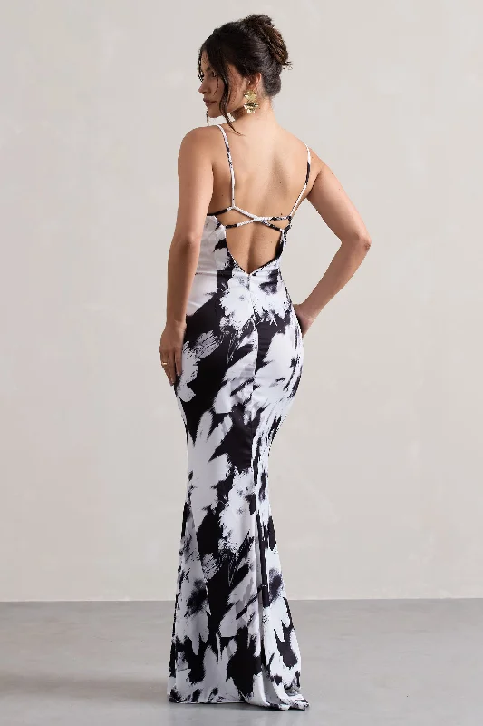 Casablanca | Monochrome Floral Print Satin Sweetheart Maxi Dress