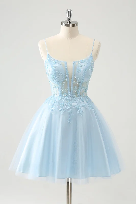 Cute Glitter Blue A Line Beaded Corset Tulle Homecoming Dress with Appliques