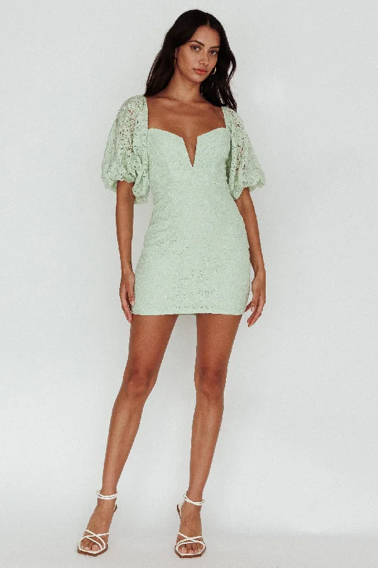 Good Vibes Puff Sleeve Deep V-Neckline Lace Mini Dress Sage