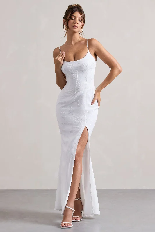 Intimacy | White Lace Corset Split Maxi Dress