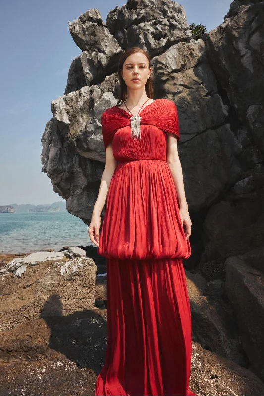 Isabelle Balloon Off-Shoulder Chiffon Floor Length Dress