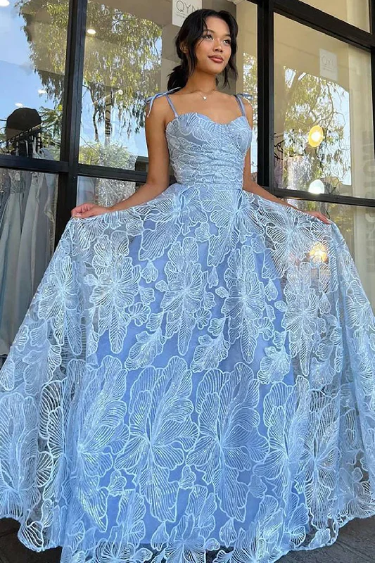 Light Blue Princess Spaghetti Straps Long Prom Dress with Appliques