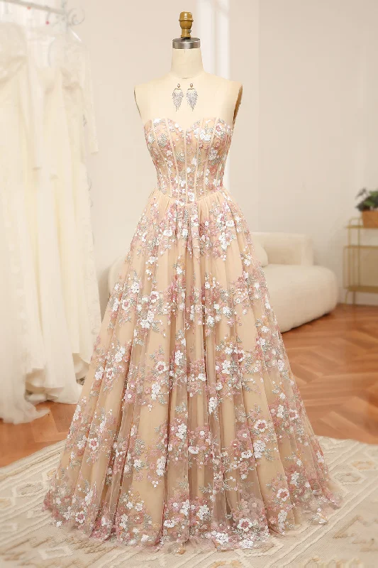 Luxurious Champagne A Line Sweetheart Corset Prom Dress with Appliques