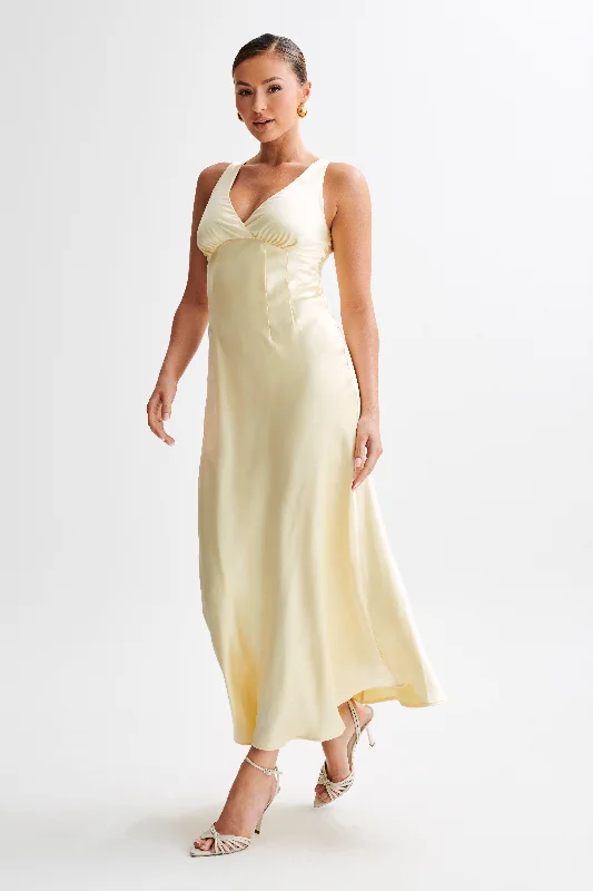 Meghan Short Sleeve Satin Maxi Dress - Lemon Sorbet