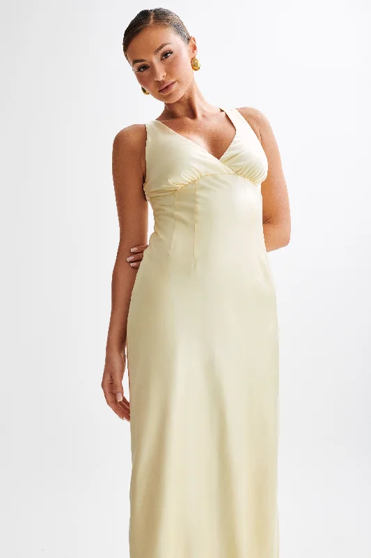 Meghan Short Sleeve Satin Maxi Dress - Lemon Sorbet