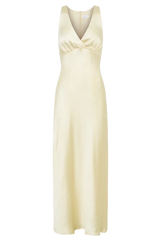 Meghan Short Sleeve Satin Maxi Dress - Lemon Sorbet