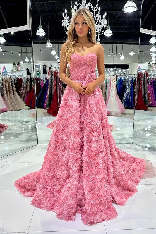 Coral Corset Sweetheart Long Prom Dress with Flowers