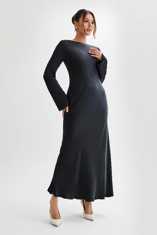 Rayleigh Long Sleeve Satin Maxi Dress - Black