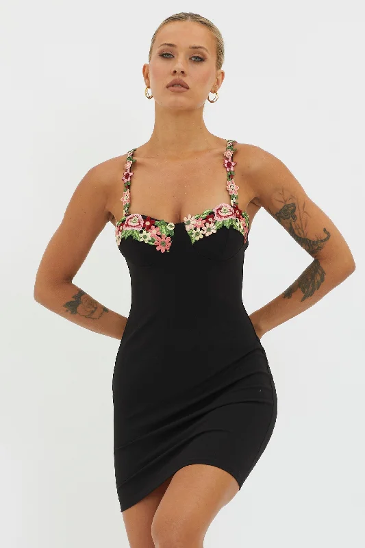 Rose Garden Floral Applique Bodycon Mini Dress Black