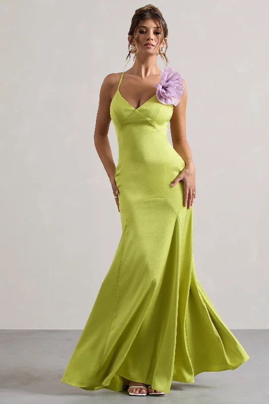 Zamora | Lime Green Plunge-Neck Fishtail Maxi Dress With Corsage