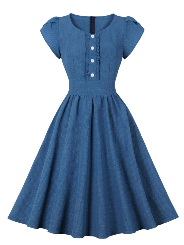 1950s Short Sleeve Ruffles Buttoned Solid Dress