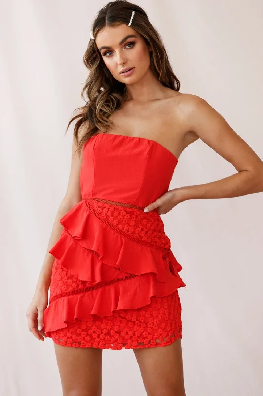 Aramis Strapless Lace & Ruffle Detail Dress Red