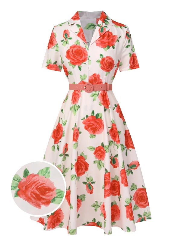 Beige 1950s Roses Lapel Dress With Belt