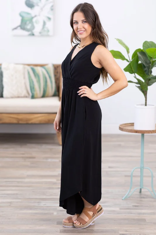 Black Surplice Front Smocked Waist Jumpsuit