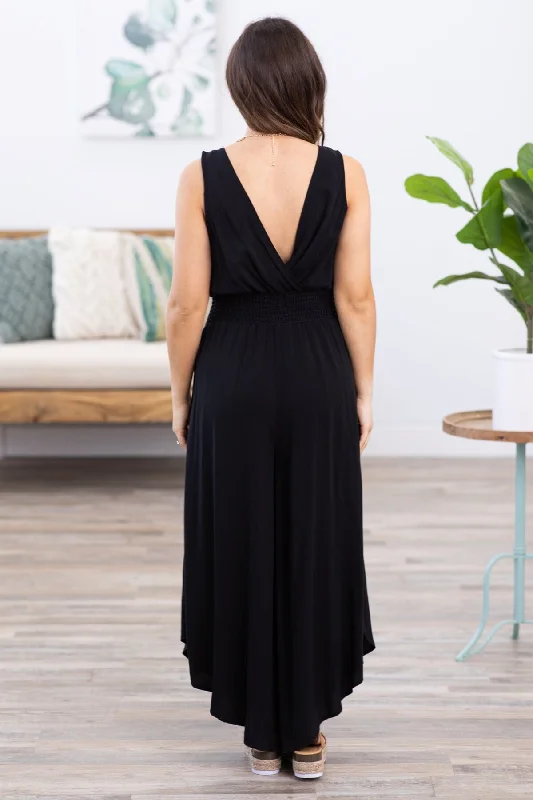 Black Surplice Front Smocked Waist Jumpsuit