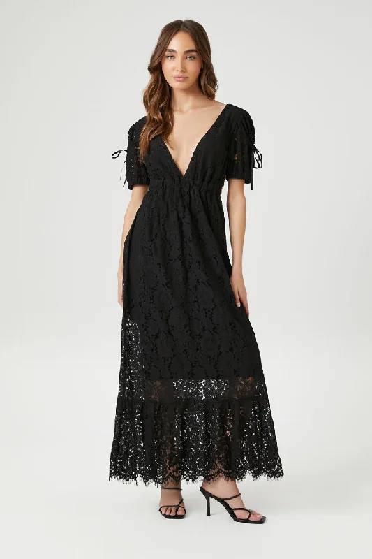 Forever 21 Women's Lace Flounce-Hem Maxi Long Dress Black