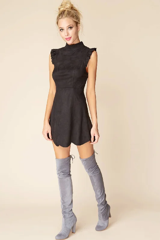 Kylie Ruffled Sleeve Suede Dress Black