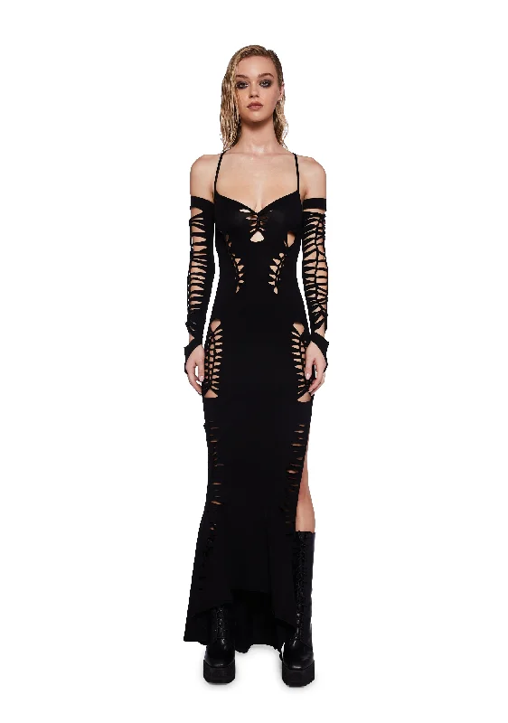 Pitch Shredded Maxi Dress And Gloves Set - Black