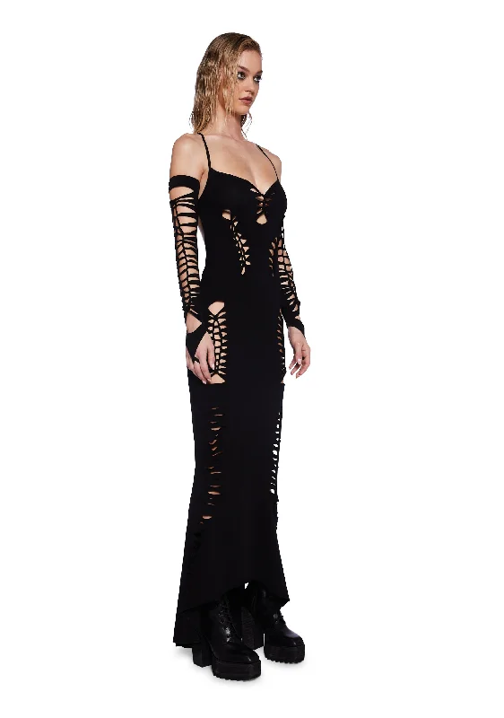 Pitch Shredded Maxi Dress And Gloves Set - Black