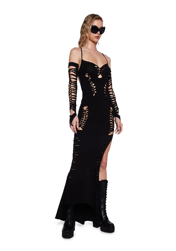 Pitch Shredded Maxi Dress And Gloves Set - Black