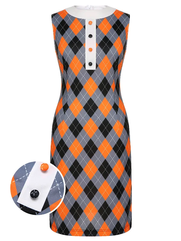 Orange 1960s Color Block Argyle Shift Dress