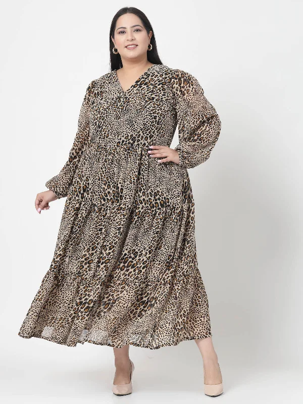 Plus Size Brown & Beige Animal Printed V-Neck Puff Sleeve Fit & Flare Dress