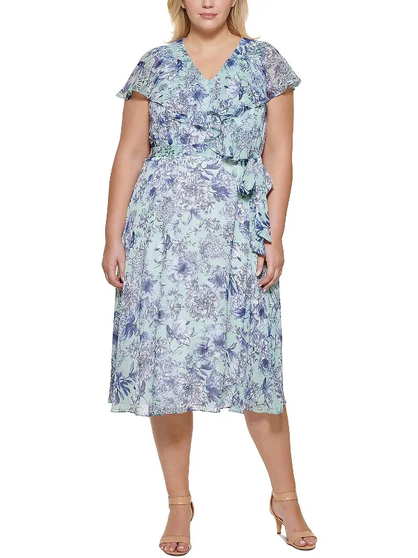 Plus Womens Chiffon Floral Fit & Flare Dress