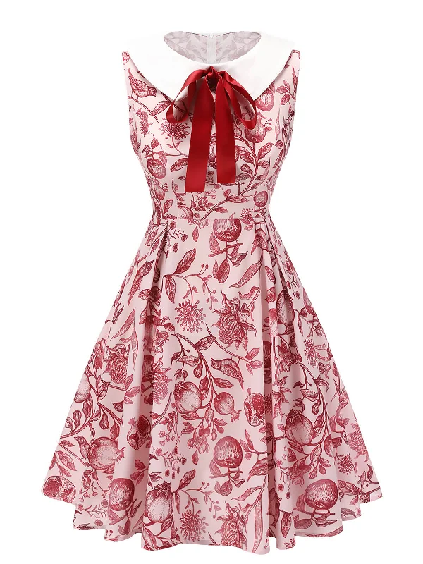 Red 1940s Floral Bow Lapel Sleeveless Dress