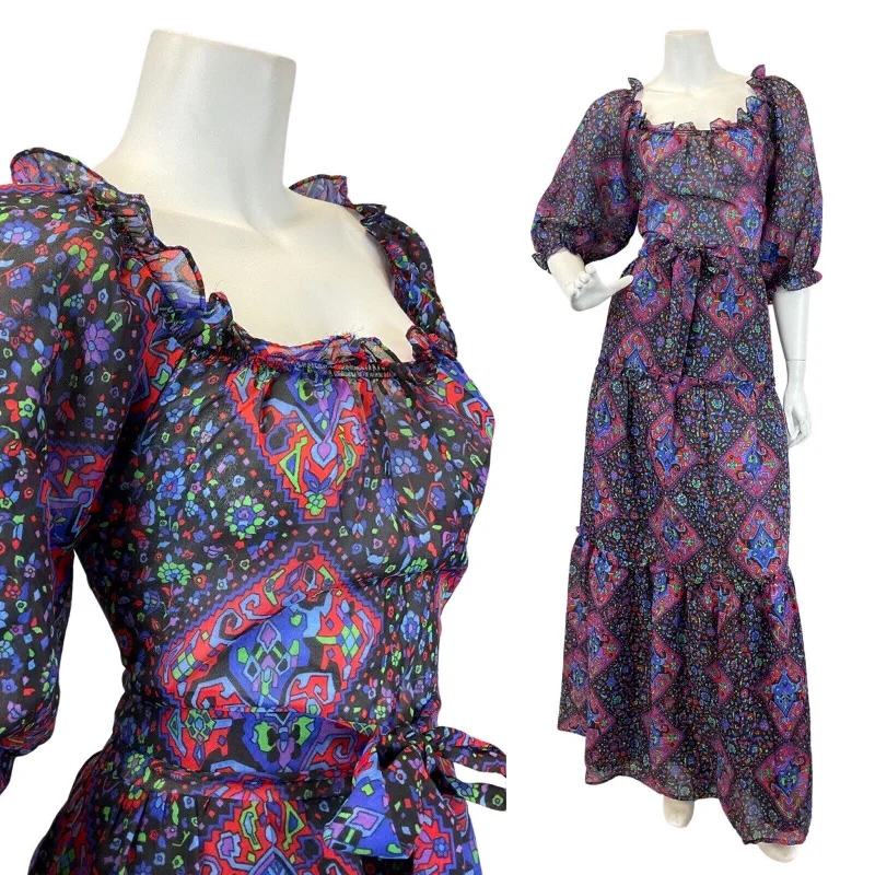 VINTAGE 60s 70s BLACK PURPLE BLUE GEOMETRIC FLORAL SHEER TIERED MAXI DRESS 10 12