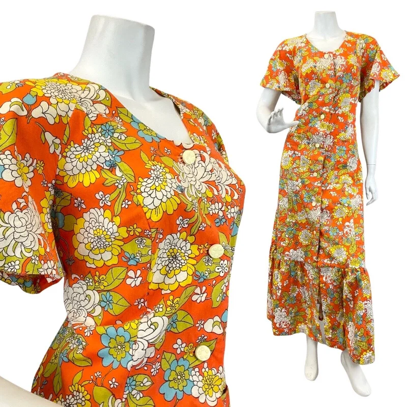 VINTAGE 60s 70s ORANGE YELLOW BLUE FLORAL LEAFY PSYCHEDELIC MOD MAXI DRESS 14