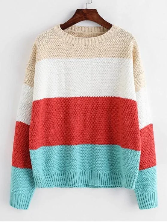 Color-blocking Drop Shoulder Textured Sweater for Women