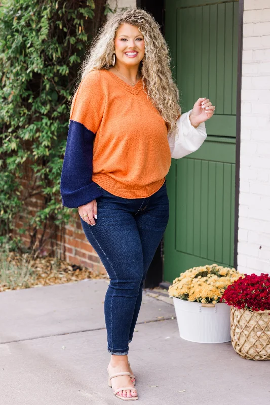 Color Mix Cozy Sweater, Copper-Ivory-Navy