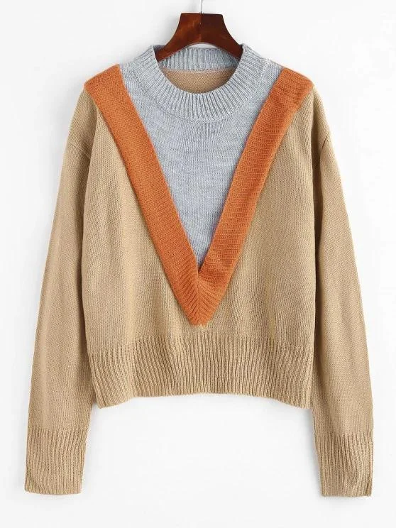 Colorblock Chevron Detail Sweater-Yellow for Women