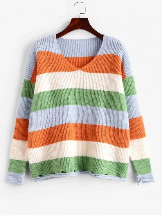 Colorblock Striped Roll Trim Slit Ripped Sweater for Women