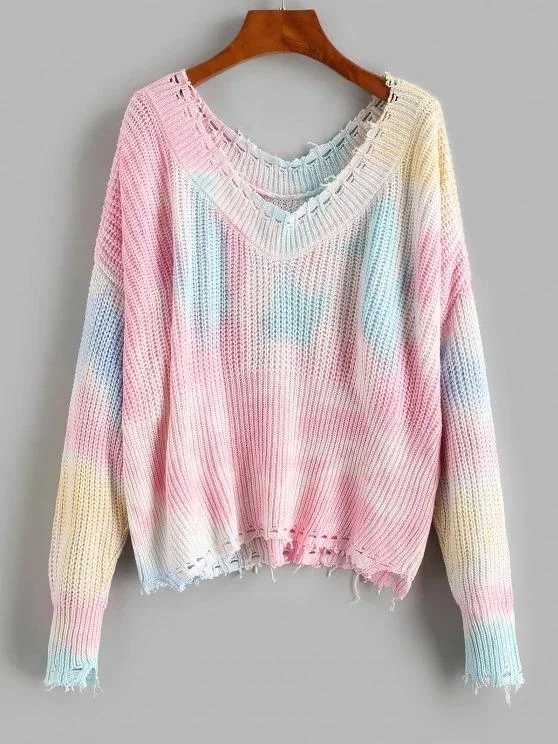 Distressed Frayed Tie Dye Oversized Sweater for Women