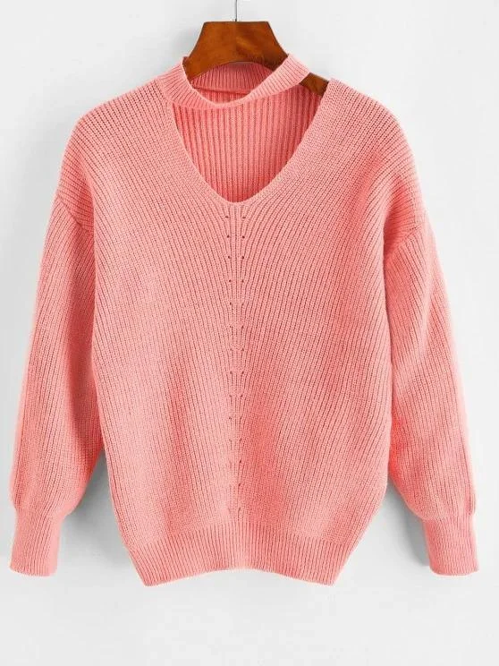 Drop Shoulder Choker Pointelle Knit Sweater for Women