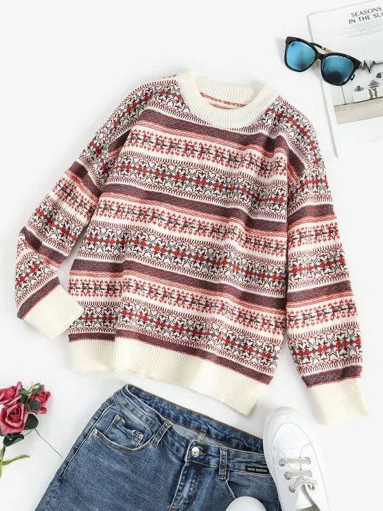 Drop Shoulder Crew Neck Fair Isle Knit Sweater for Women