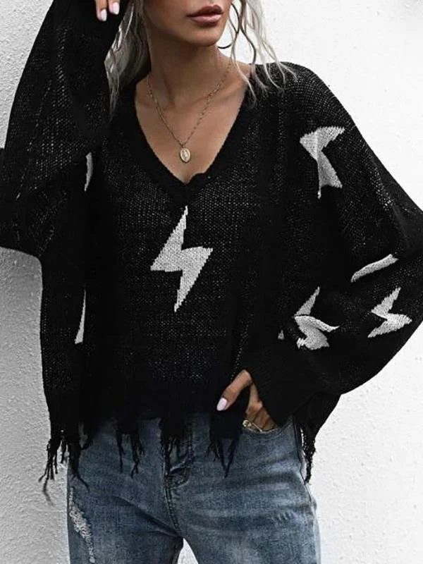 Drop Shoulder Lightning Pattern Frayed Oversized Sweater for Women