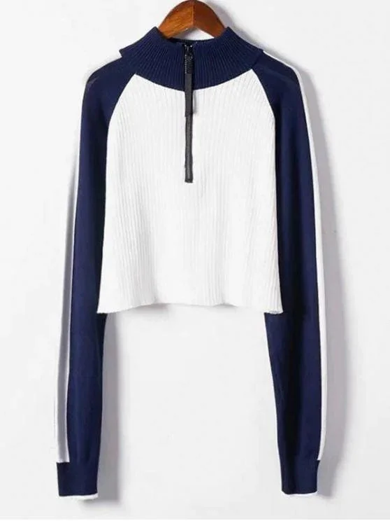 Half Zip Cropped Color Block Sweater for Women