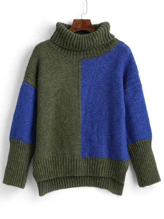 High Low Color Block Turtleneck Sweater for Women