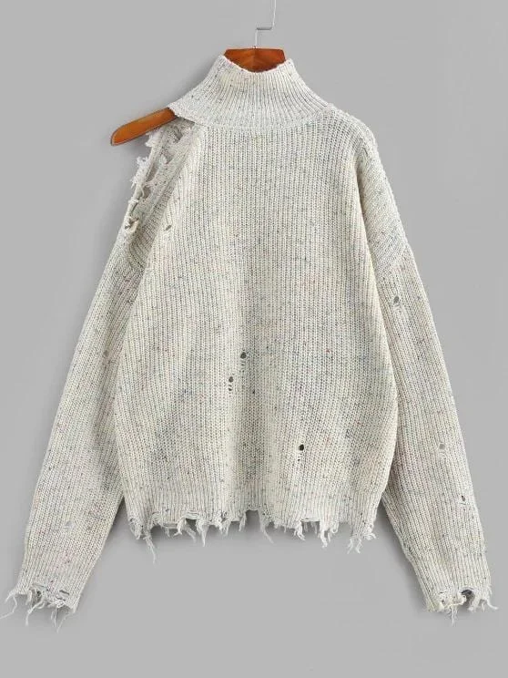 High Neck Distressed Sweater for Women