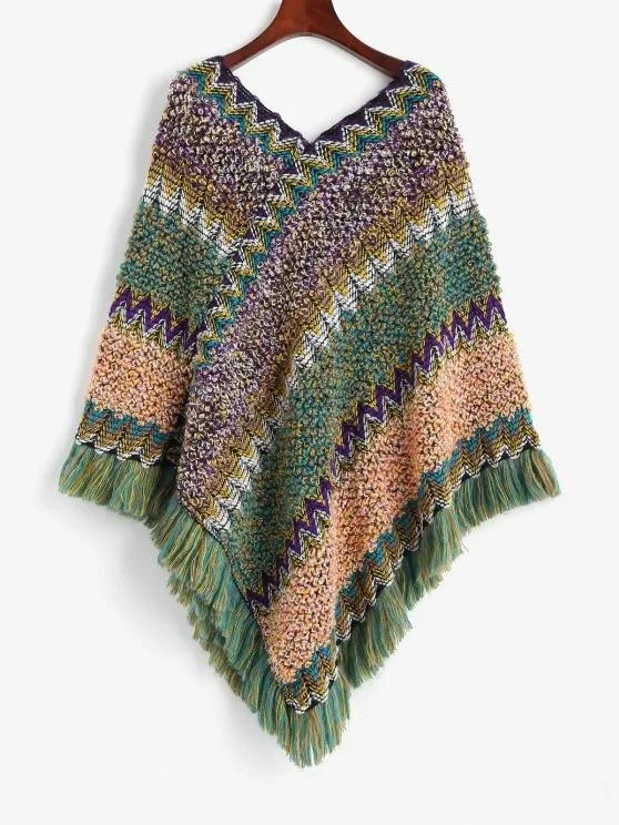 Intarsia Knit Fringed Poncho Sweater for Women