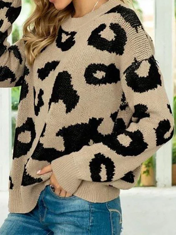 Leopard Drop Shoulder Loose Jumper Sweater for Women