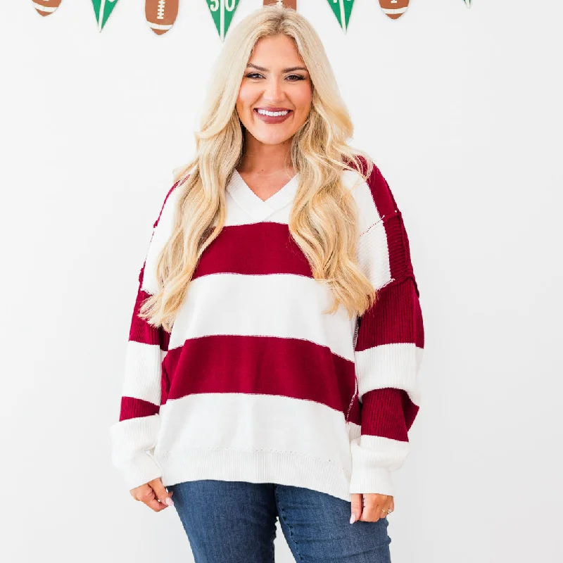 Lineage Cozy Striped Sweater, Burgundy-Ivory